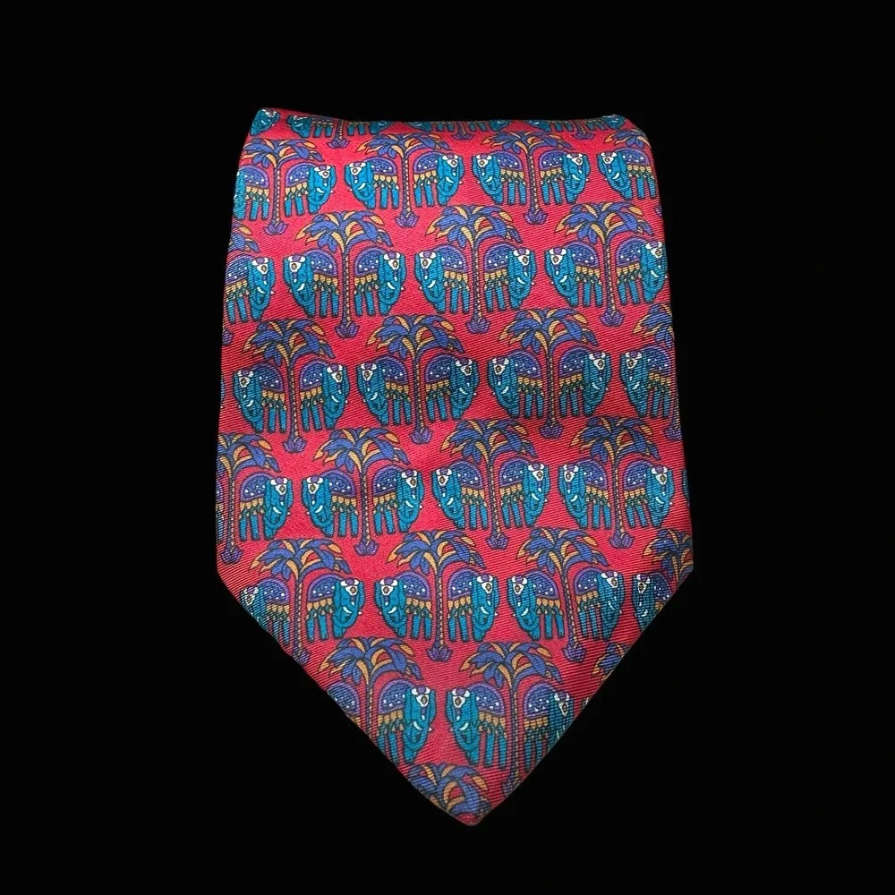 Sheaf & Caber Mens Silk Tie Red Blue Elephant Palm Tree Made in Italy Patterned